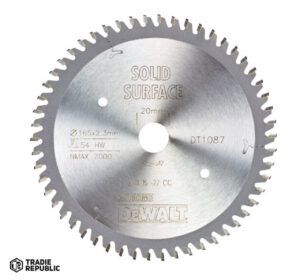 PREORDER Dewalt DT1087-QZ SAW BLADE EXTREME WORKSHOP 165MM X 20 X 54T MTCG SOLID SURFACE(Box Qty 4)
